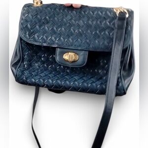 Bally S45 Shoulder Bag Suede Leather Woven Intrecciato Design in Dark Blue